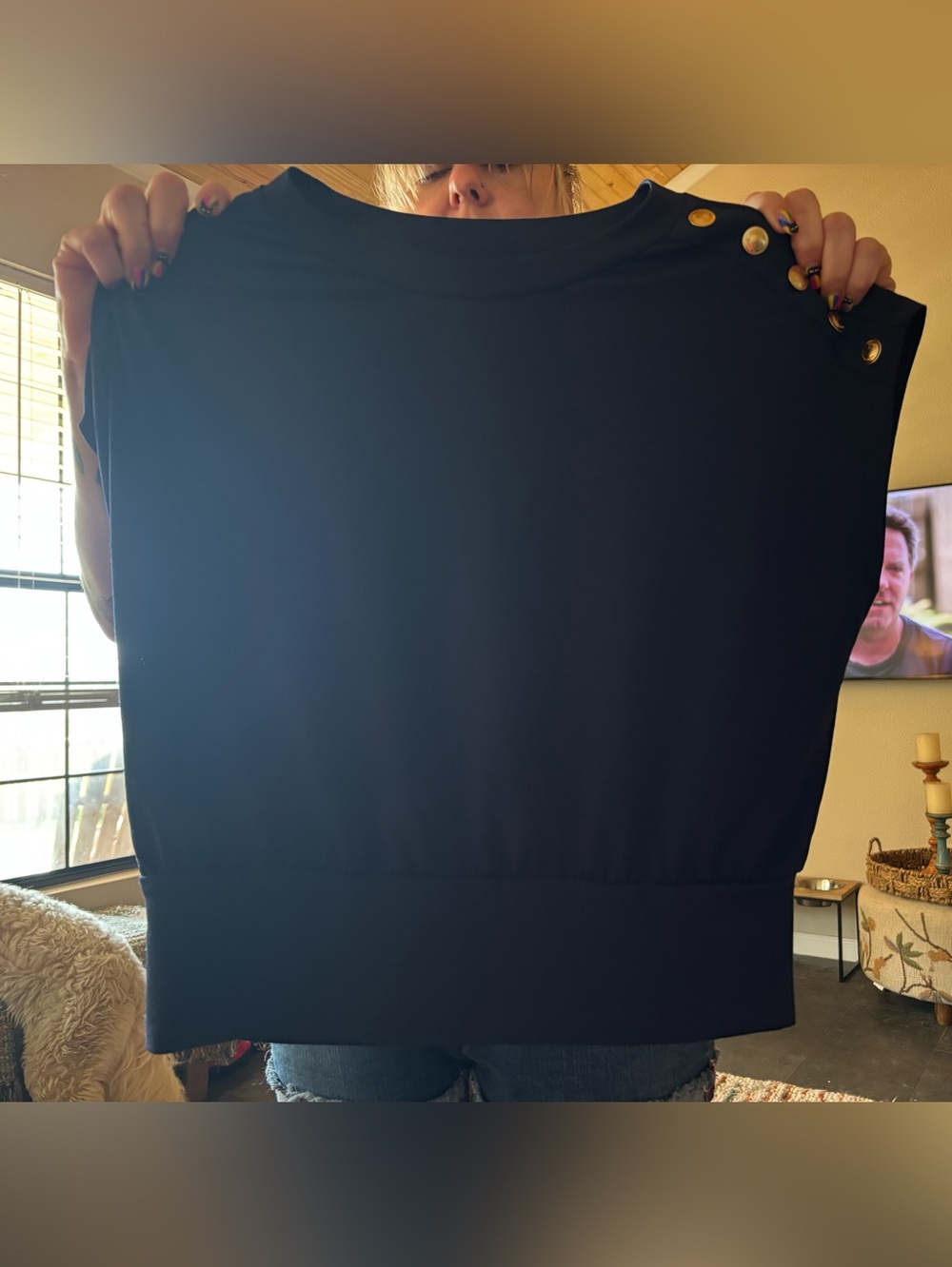 Michael Kors NWT sleeveless Navy Top trimmed with gold buttons